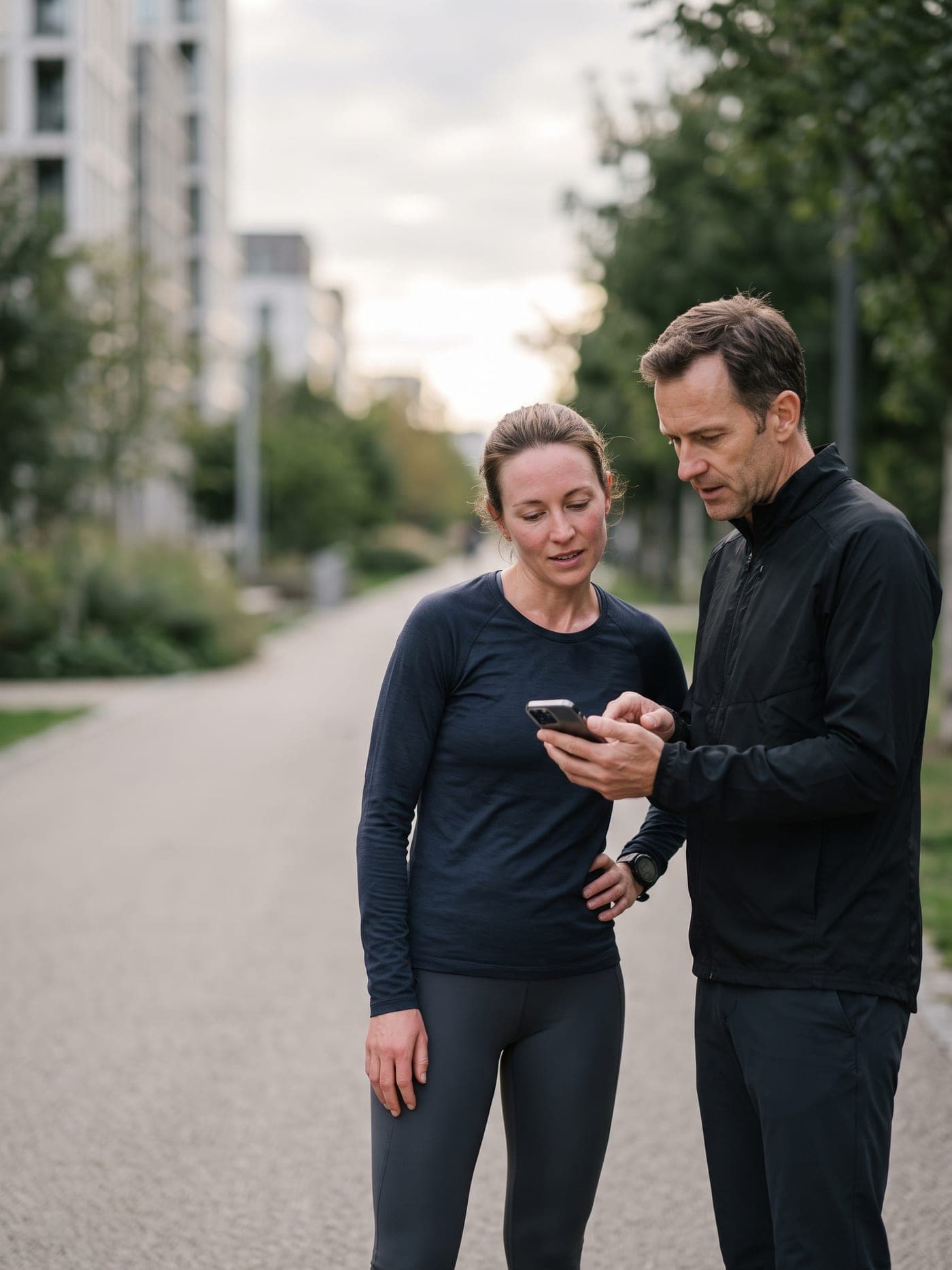 An athlete and her coach reviewing the session together on a phone, outdoors after training