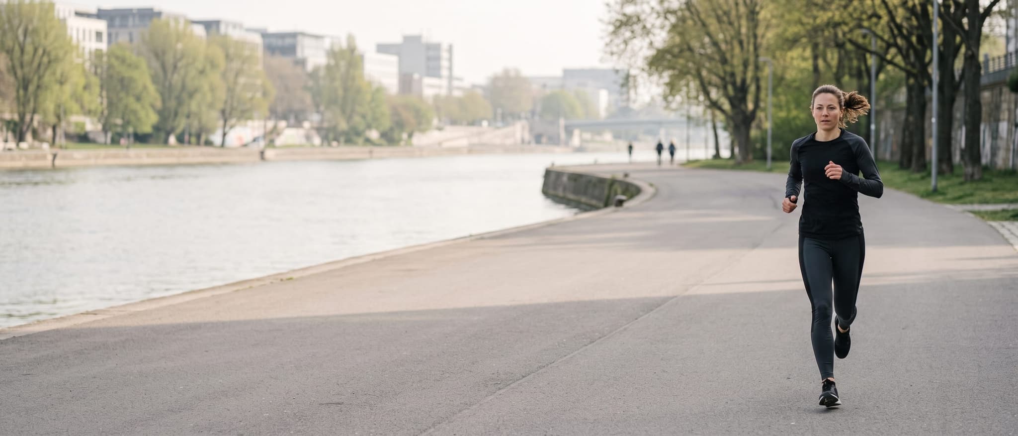 Athlete running beside the river at dawn